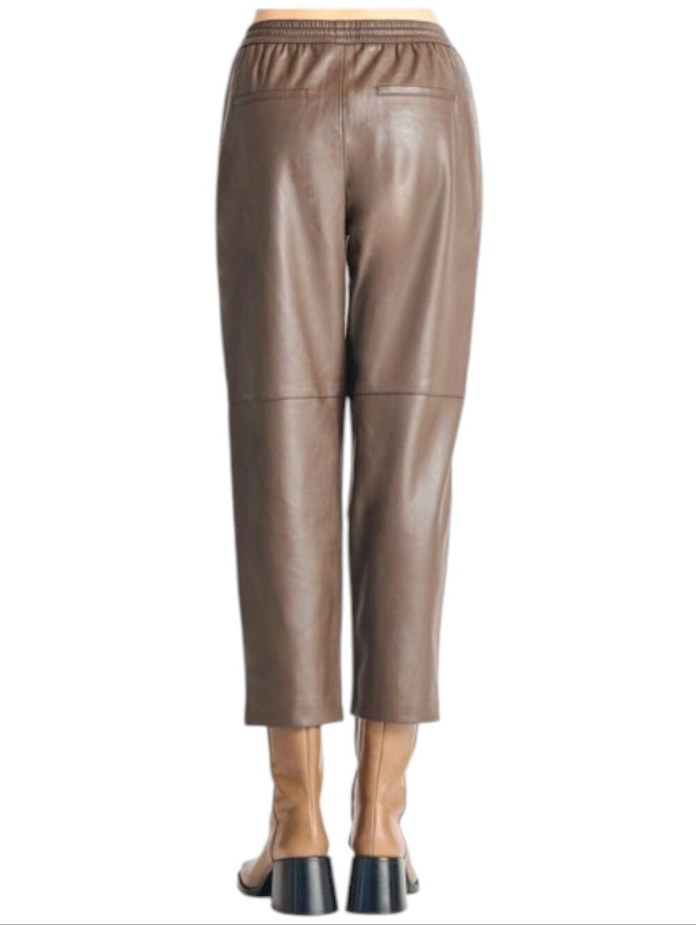 NEW Dex Faux Leather Drawstring Joggers / Cropped Trousers - Olive Brown - Picture 3 of 5